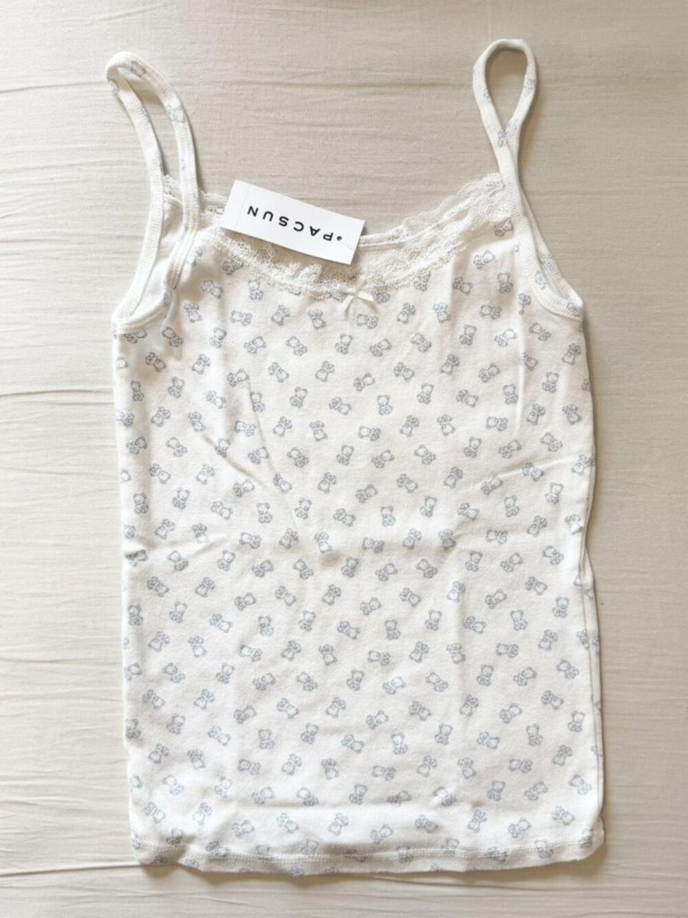BNWT Brandy Melville-John Galt white and baby blue teddy bears lace bow tank top